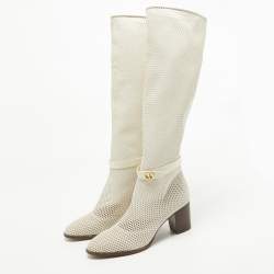 Dior Cream Mesh and Leather Knee Length Boots Size 39