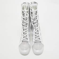 Pre Owned Dior Silver Knit Fabric D-Zenith Ankle Boots Size 37.5
