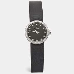 Pre Owned Dior Black Stainless Steel Diamond Satin La D De Dior CD043114A002 Women Wristwatch 25 mm