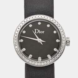 Pre Owned Dior Black Stainless Steel Diamond Satin La D De Dior CD043114A002 Women Wristwatch 25 mm