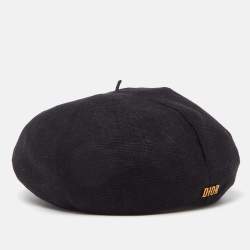 Pre Owned Dior Black Logo Detail Linen Beret Hat
