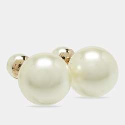 Pre Owned Dior Tribales Cream Faux Pearl Gold Tone Stud Earrings