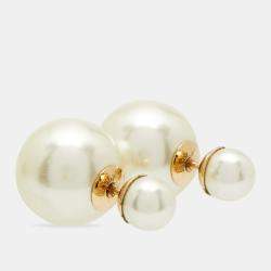 Pre Owned Dior Tribales Cream Faux Pearl Gold Tone Stud Earrings