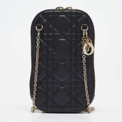 Dior Black Cannage Leather Lady Dior Call'in Dior Phone Holder with Chain