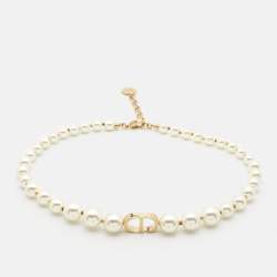 Pre Owned Dior 30 Montaigne Faux Pearl Gold Tone Choker Necklace
