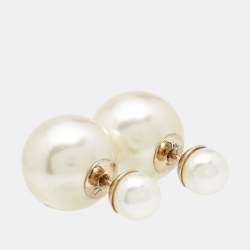 Pre Owned Dior Tribales Faux Pearl Gold Tone Metal Earrings