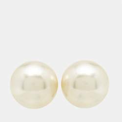 Pre Owned Dior Tribales Faux Pearl Gold Tone Metal Earrings