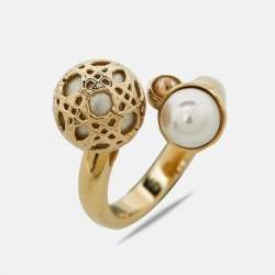 Pre Owned Dior Secret Cannage Faux Pearl Crystal Gold Tone Open Ring Size 49