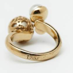 Pre Owned Dior Secret Cannage Faux Pearl Crystal Gold Tone Open Ring Size 49