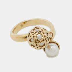 Pre Owned Dior Secret Cannage Faux Pearl Crystal Gold Tone Open Ring Size 49