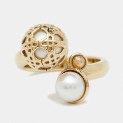 Pre Owned Dior Secret Cannage Faux Pearl Crystal Gold Tone Open Ring Size 49