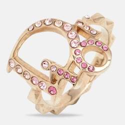Pre Owned Dior Oblique Logo Crystal Studded Gold Tone Ring Size EU 54