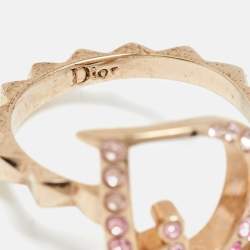 Pre Owned Dior Oblique Logo Crystal Studded Gold Tone Ring Size EU 54
