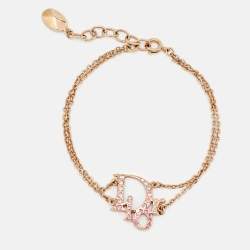 Dior Oblique Charm Crystal Studded Gold Tone Double Chain Bracelet