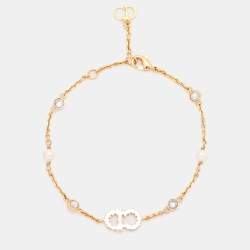 Pre Owned Dior Claire De Lune Crystals Faux Pearls Gold Tone Bracelet