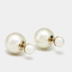 Pre Owned Dior Tribales Faux Pearl Gold Tone Metal Stud Earrings