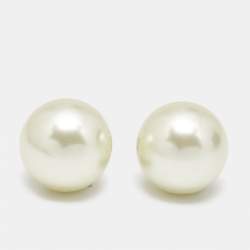 Pre Owned Dior Tribales Faux Pearl Gold Tone Metal Stud Earrings
