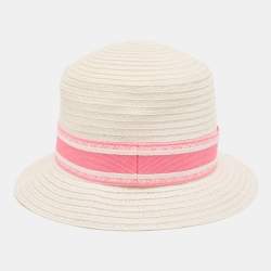 Pre Owned Dior Ivory/Pink Logo Detail Hemp Straw Dioresort Hat Size 58