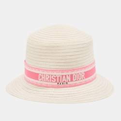 Pre Owned Dior Ivory/Pink Logo Detail Hemp Straw Dioresort Hat Size 58