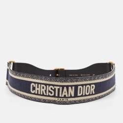 Pre Owned Dior Navy Blue Embroidered Canvas and Leather Buckle Waist Belt 80CM