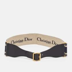 Pre Owned Dior Navy Blue Embroidered Canvas and Leather Buckle Waist Belt 80CM