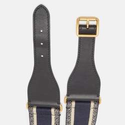 Pre Owned Dior Navy Blue Embroidered Canvas and Leather Buckle Waist Belt 80CM