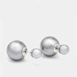 Pre Owned Dior Tribales Grey Faux Pearl Silver Tone Earrings