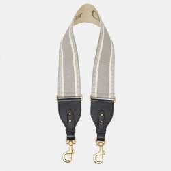 Pre Owned Dior Grey/White Embroidered Logo Canvas and Leather Shoulder Bag Strap