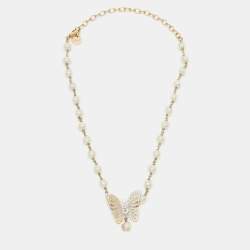 Pre Owned Dior Butterfly Faux Pearl Gold Tone Necklace