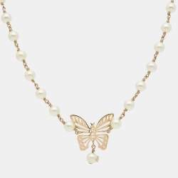Pre Owned Dior Butterfly Faux Pearl Gold Tone Necklace