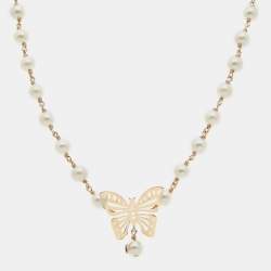 Pre Owned Dior Butterfly Faux Pearl Gold Tone Necklace