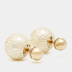 Pre Owned Dior Tribales Secret Cannage Faux Pearls Gold Tone Metal Earrings