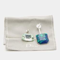 Pre Owned Dior Asymmetrical Crystal Resin Silver Tone Earrings