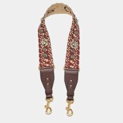 Pre Owned Dior Burgundy/Beige Oblique Canvas and Leather Studded Shoulder Bag Strap