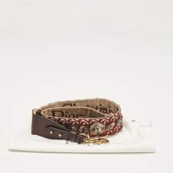 Pre Owned Dior Burgundy/Beige Oblique Canvas and Leather Studded Shoulder Bag Strap