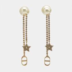 Pre Owned Dior Tribales Crystals Faux Pearl Gold Tone Earrings