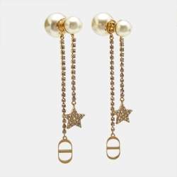Pre Owned Dior Tribales Crystals Faux Pearl Gold Tone Earrings