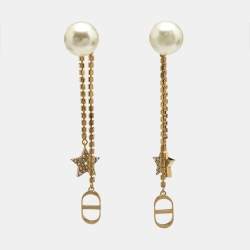 Pre Owned Dior Tribales Crystals Faux Pearl Gold Tone Earrings