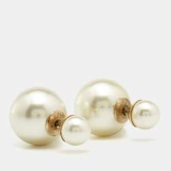 Pre Owned Dior Tribales Faux Pearl Gold Tone Stud Earrings