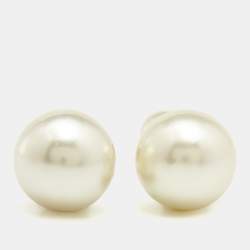 Pre Owned Dior Tribales Faux Pearl Gold Tone Stud Earrings