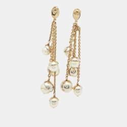 Pre Owned Dior Mise en Dior Faux Pearl Gold Tone Dangle Earrings