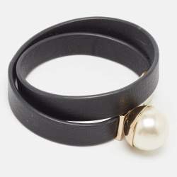 Pre Owned Christian Dior Mise En Dior Black Leather Faux Pearl Gold Tone Double Wrap Bracelet S