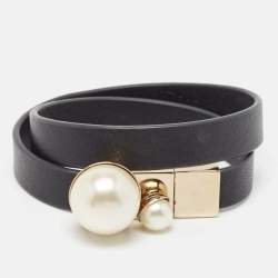 Pre Owned Christian Dior Mise En Dior Black Leather Faux Pearl Gold Tone Double Wrap Bracelet S