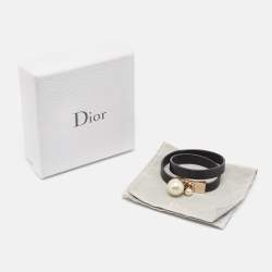 Pre Owned Christian Dior Mise En Dior Black Leather Faux Pearl Gold Tone Double Wrap Bracelet S