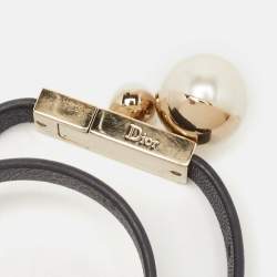 Pre Owned Christian Dior Mise En Dior Black Leather Faux Pearl Gold Tone Double Wrap Bracelet S