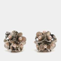 Dior Silver Tone Metal Pearl Embellished Tribal Flower Petals Earrings