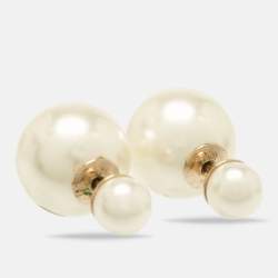 Pre Owned Dior Tribales Faux Pearl Gold Tone Stud Earrings