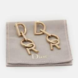 Pre Owned Dior Vertical Logo Gold Tone Drop Earrings 