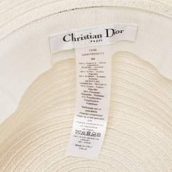 Pre Owned Dior White/Ivory Hemp Straw Logo Band Detail Bucket Hat Size 58