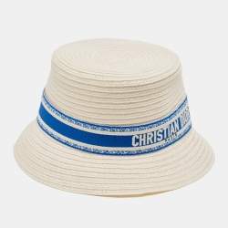 Pre Owned Dior White/Ivory Hemp Straw Logo Band Detail Bucket Hat Size 58